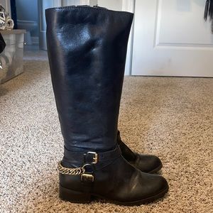 ALDO Black Leather Knee high boots with gold chain detail - Size 6